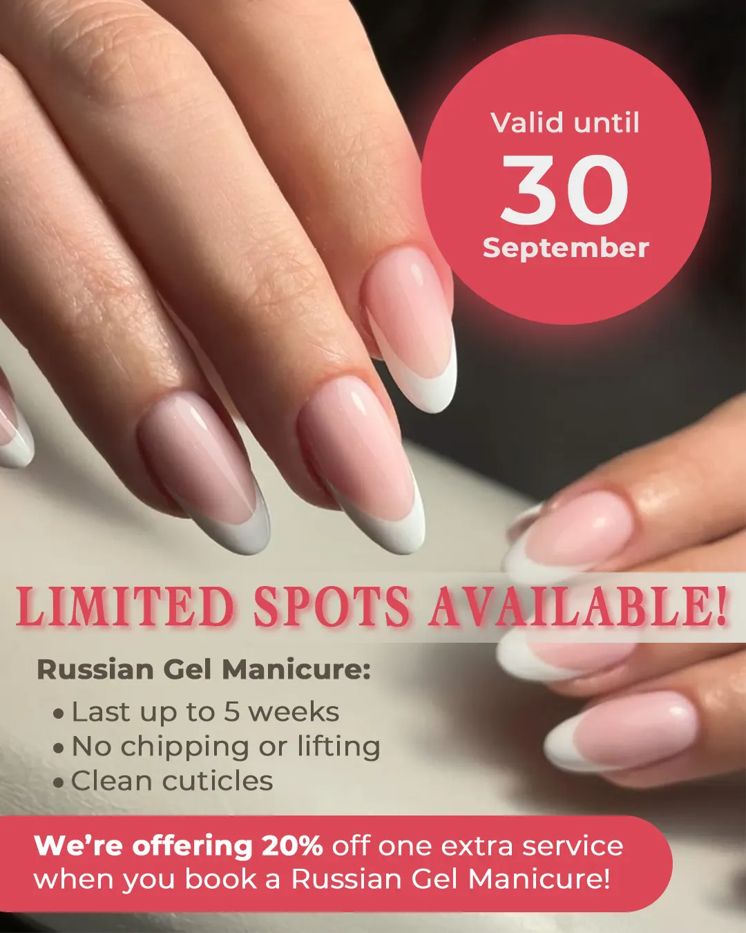 Offering 20% off one extra service when you book a Russian Gel Manicure!